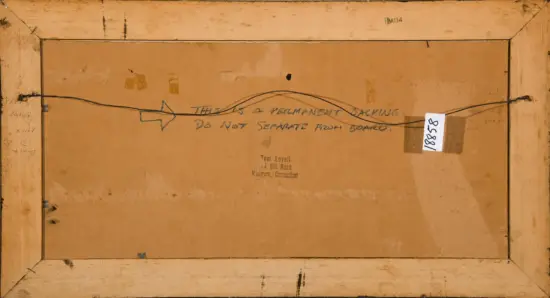 Back of a framed piece showing a hanging wire and a handwritten warning: 'This is a permanent backing—do not separate from board.'