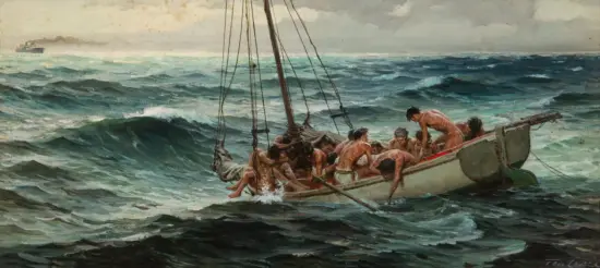 Painted scene of a crowded lifeboatful of naked men fighting rough, green-blue waves at sea with a distant ship on the horizon.