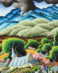 Colorful mural of rolling hills, blue mountains, and groups of people among tents and trees.