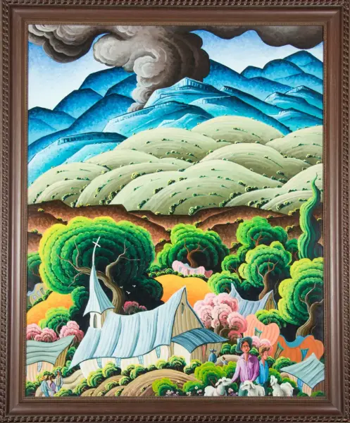 Vivid landscape painting with blue mountain ranges, pale green rolling hills, lush trees, white tents, and groups of people with animals in a camp; dark smoke rises from a distant volcano.