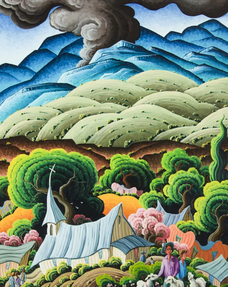 Colorful mural of rolling hills, blue mountains, and groups of people among tents and trees.