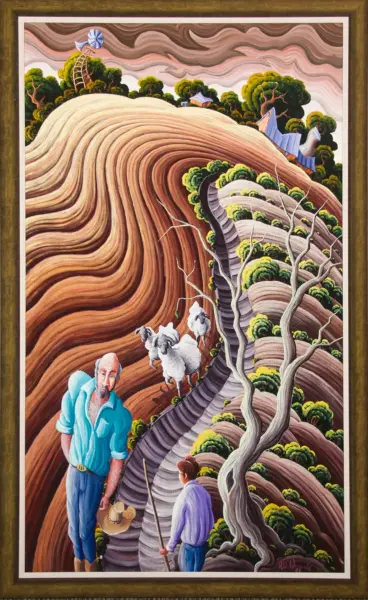 Surreal hillside with winding terraced slopes, windmill on a hill, trees, and shepherds with sheep at the bottom of the path.
