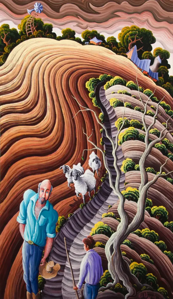 Surreal painting of a winding, layered hillside with trees, sheep, and three men in blue shirts at the bottom foreground. A wooden ladder and tents peek through the foliage above.