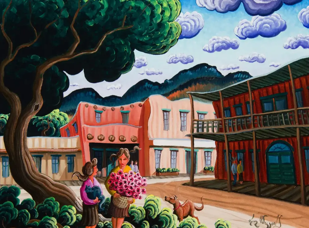 Vibrant mural of a village street with pink and peach buildings, a woman carrying a basket of flowers, and a dog nearby beneath a large tree.