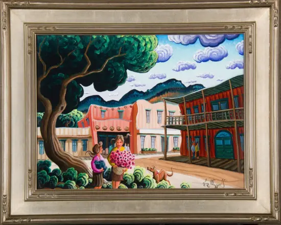 Colorful village street scene with a large tree in the foreground, pink and coral buildings, a woman with a bouquet of pink flowers and a child nearby, and a small dog on the path.
