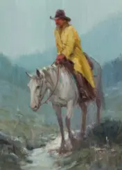 Impressionist painting of a rider in a yellow coat on a white horse in a rainy, misty landscape.