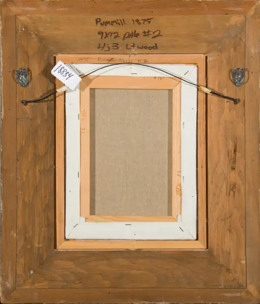 Back of a wooden-framed canvas with a hanging wire, metal D-rings, and handwritten notes on the frame surface (inventory/labels).