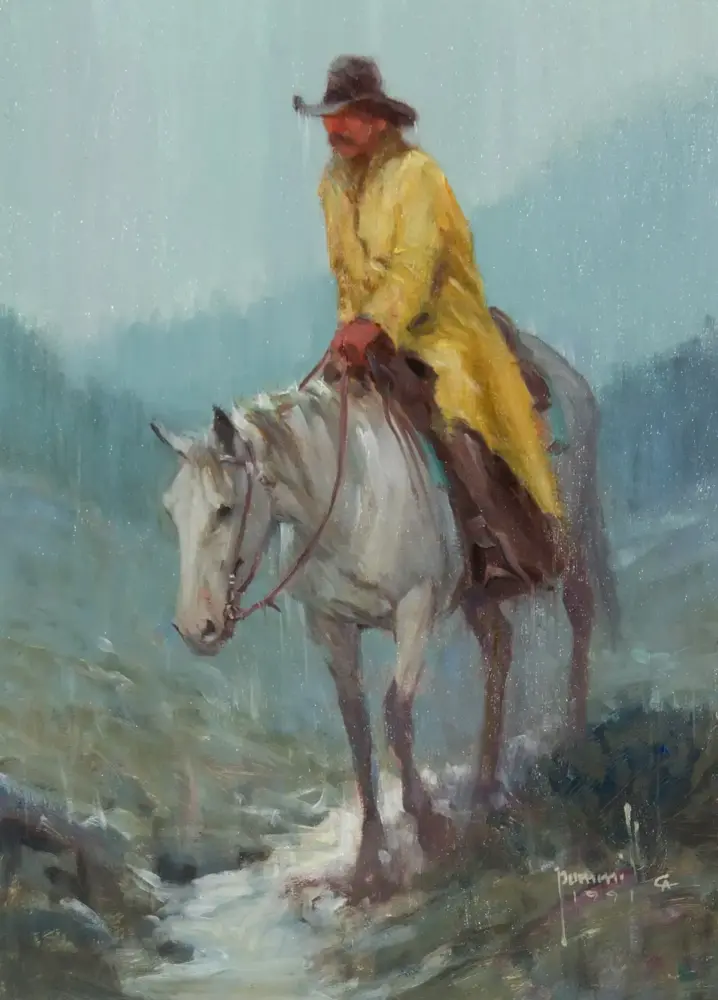 Impressionist painting of a rider in a yellow coat on a white horse in a rainy, misty landscape.