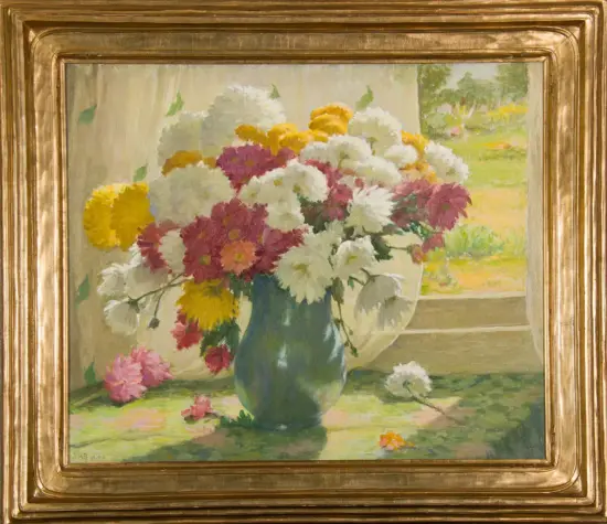 Bouquet of colorful daisies in a blue vase on a windowsill, framed by a gold ornate frame.