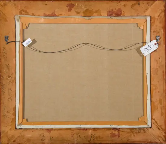 Back of a stretched canvas on a wooden frame, with a hanging wire and two tag labels attached to the sides