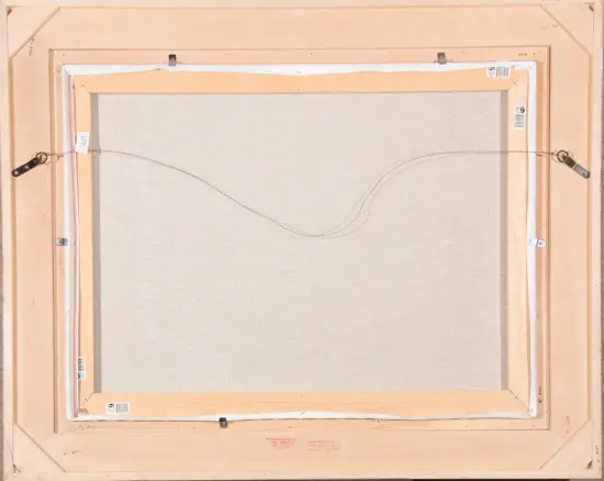 Back of a framed canvas showing a beige canvas stretched on a wooden stretcher with a metal hanging wire secured by eye hooks on both sides.