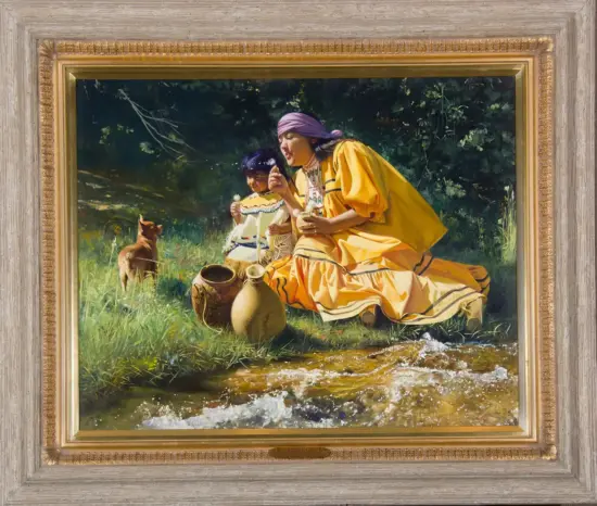 Two girls in bright yellow dresses kneel by a stream, pouring from clay pots as a small dog watches in the grassy foreground.