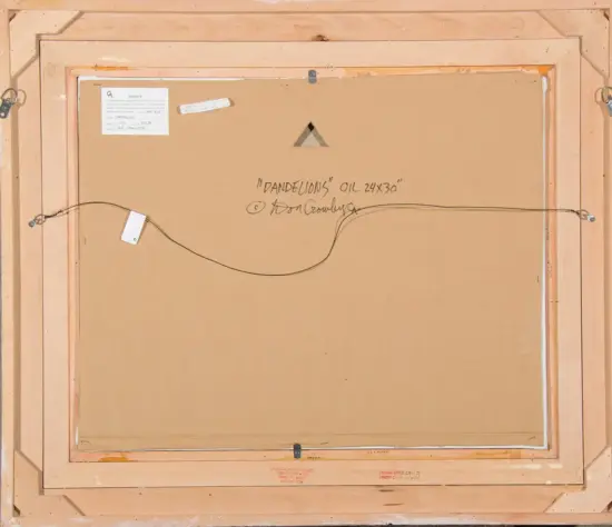 Back of a framed oil painting titled 'Dandelions' (24x30). Shows a horizontal hanging wire across the center, various small labels and notices on the back, and a wooden stretcher frame.