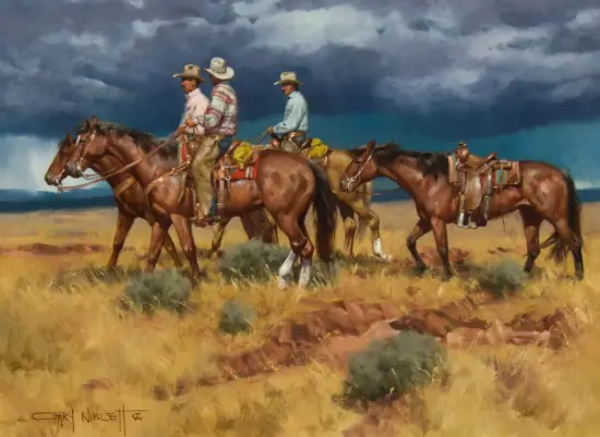 Four cowboys on horseback ride in a windy, arid landscape under a dark stormy sky.
