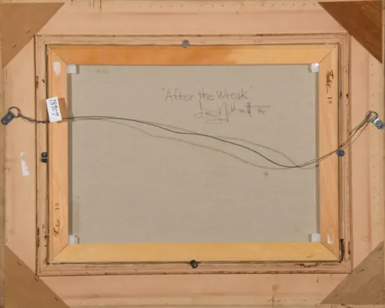 Back of a framed canvas painting showing a wooden stretcher, hanging wire, and metal hardware. The canvas back is labeled with the title 'After the Week' and includes the artist's signature, with a light beige fabric surface visible.