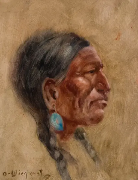 Profile portrait of an Indigenous woman with gray hair, wearing a turquoise earring, against a warm textured background.