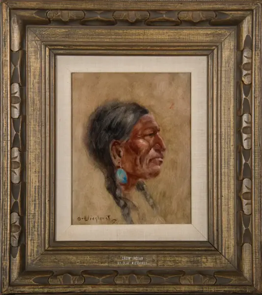 Oil painting portrait of a Crow Indian in profile with braided hair and turquoise earrings, framed in a rustic ornate frame.
