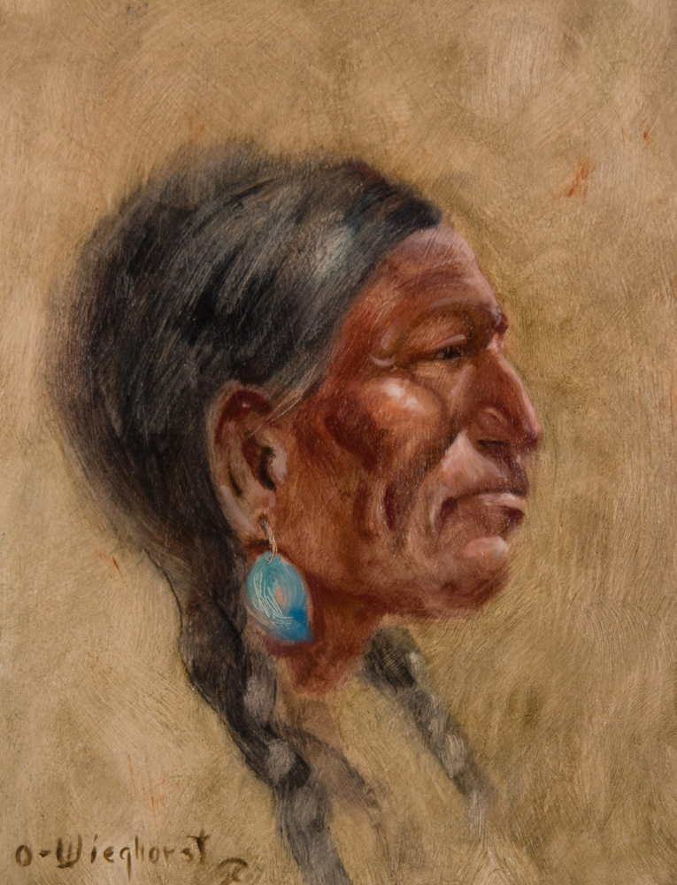 Portrait painting of a Native American woman in profile with braided hair and a turquoise earring