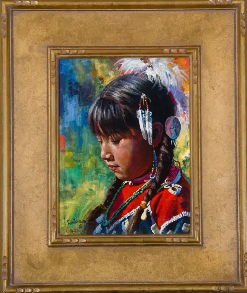 Portrait of a young Indigenous girl in profile with braids, beads, and feather hair ornaments against a colorful background in a gold-framed painting.