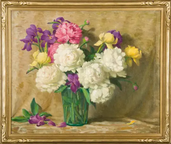 Bouquet of white, pink, yellow, and purple flowers in a glass vase on a table, framed painting style.