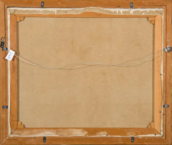 Back view of a framed canvas artwork showing wooden stretcher bars, hanging wire, clamps, and a small tag labeled 19812/ tag on the left side.