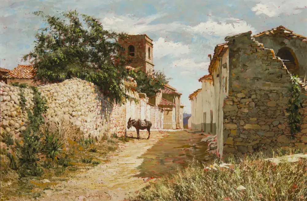A sunlit rural village street with stone walls, old brick buildings, and overgrown plants, featuring a lone rider on a horse along the dirt road.