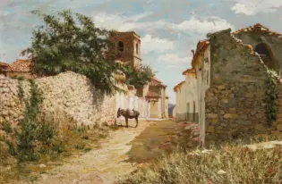 A sunlit rural village street with stone walls, old brick buildings, and overgrown plants, featuring a lone rider on a horse along the dirt road.