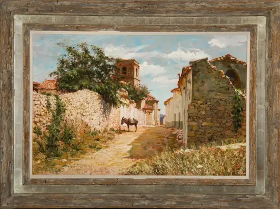 Oil painting of a sunlit village street with stone walls, a donkey, and whitewashed houses under a blue sky.