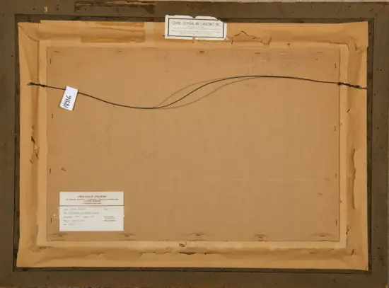 Back of a framed painting showing a curved wire hanging system, brown backing board, and multiple labels on the edges, with worn tape along the frame.