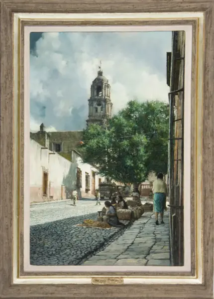 Painted street scene of a plaza with white colonial buildings, a distant bell-tower, vendors with baskets, and a large tree.