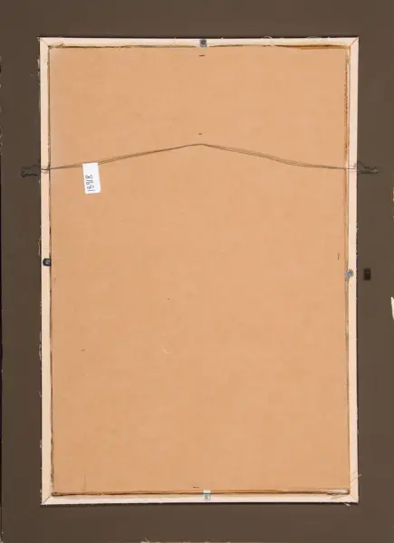 Back of a framed artwork: brown cardboard backing inside a light frame, with a wire hanger across and a small white tag attached.