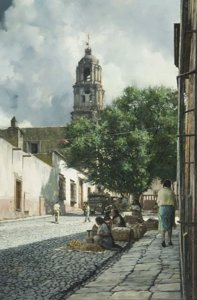 Colonial street scene with a tall church tower in the distance, white buildings, and cobblestone pavement; people market produce on the right.