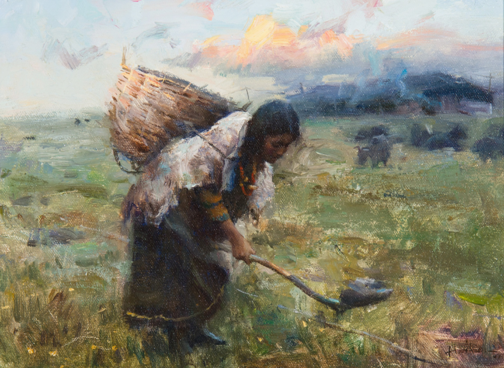Woman bends to harvest in a grassy field, basket tied to her back and a stick in her hand (impressionist scene).