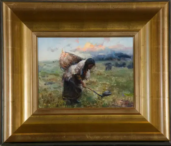 Impressionistic painting of a woman with a large woven basket on her back, hoeing a field at dusk/ sunset countryside.