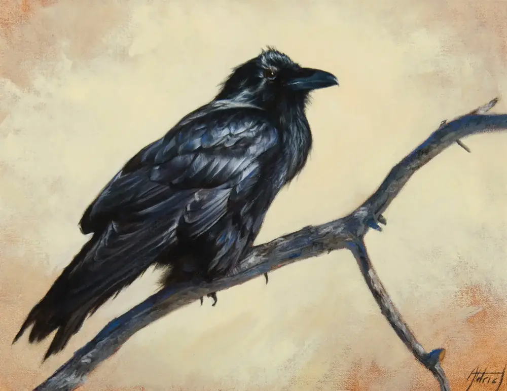 Stylized painting of a black crow perched on a bare branch against a pale, textured background.