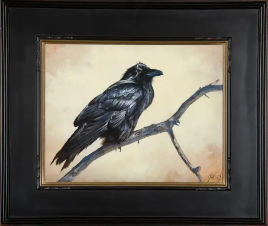 Framed painting of a black crow perched on a bare branch.