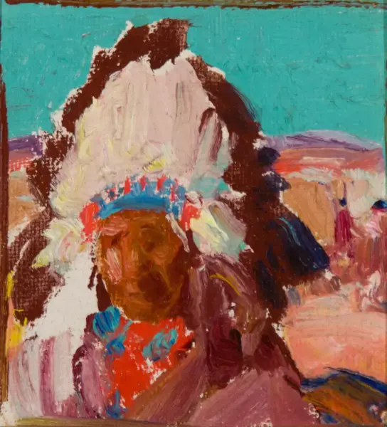 Abstract painting of a person in a large white feather headdress on a turquoise background.
