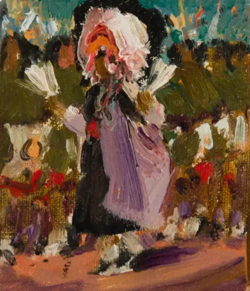 Impressionist painting of a young girl in a purple dress walking through a garden with flowers on her head and around her.