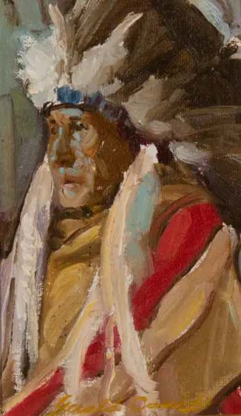 Impressionistic portrait of a Native American man wearing a feathered headdress and red clothing.