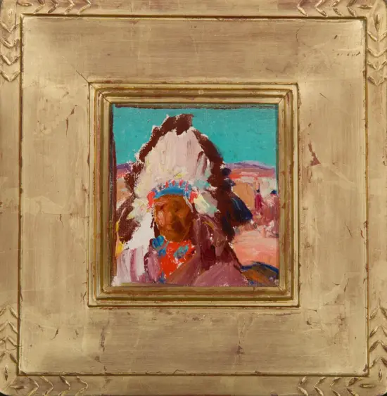 Abstract portrait in bright colors peeking from a turquoise desert landscape, framed by a gold ornate frame.