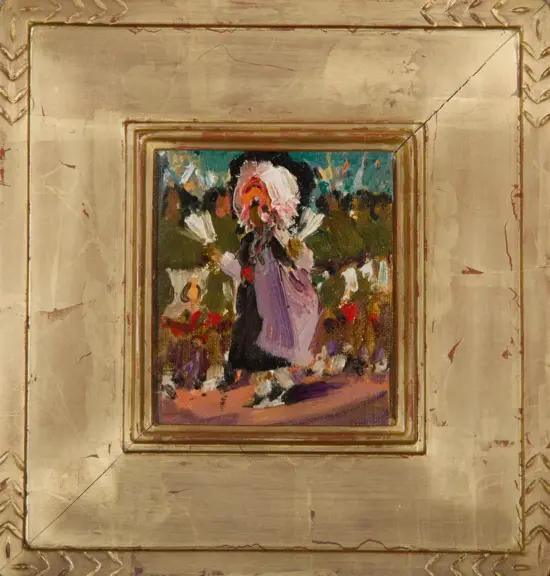 Small impressionist painting of a woman in a pink dress amid a crowd, set in a gold decorative frame.