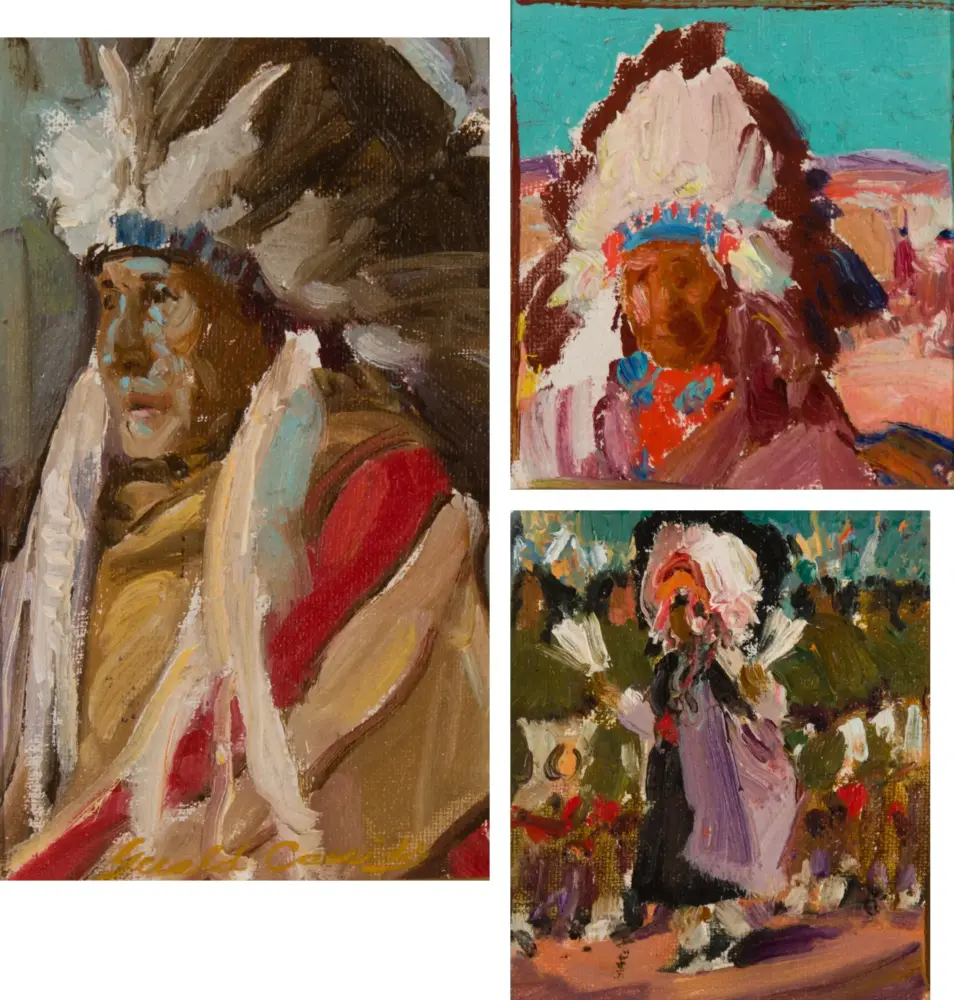 Two-panel abstract paintings: left shows a portrait-like figure with a hat; right shows a colorful, mountain‑like landscape with turquoise sky and pinks.