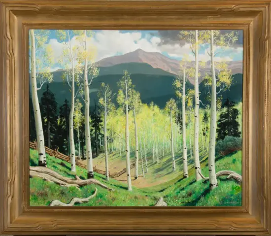 Oil painting of a sunlit aspen forest with distant mountains in the background and green undergrowth.