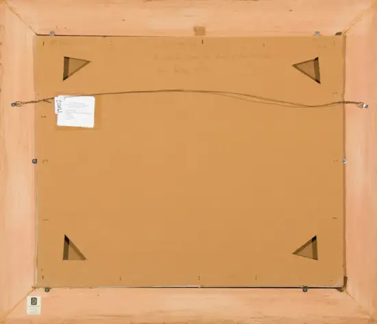 Back of a framed artwork showing a wooden frame, brown cardboard backing, hanging wire, and triangular corner braces; small labels are attached.
