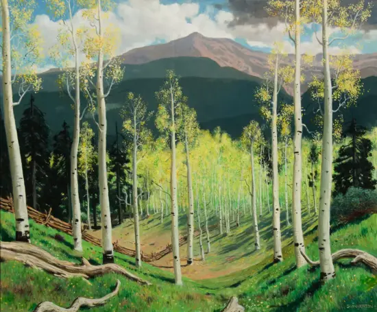 Aspen trees in a sunlit forest with a distant mountain range in the background.