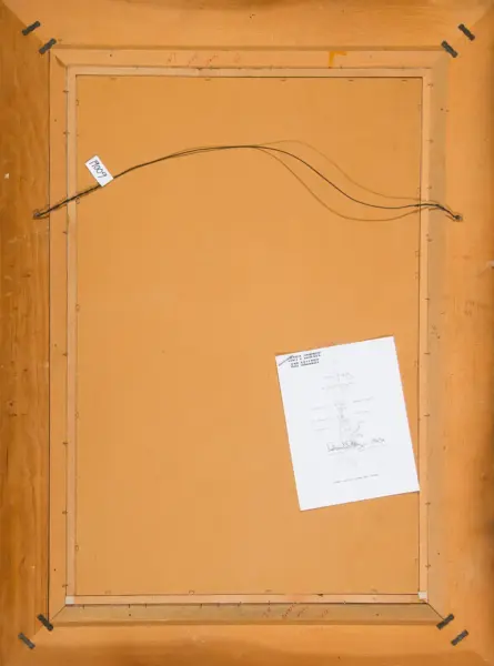 Back of a framed painting showing hanging wire across the back and a small gallery label attached to the wire edge of the frame.
