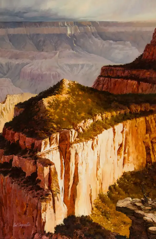 Oil painting of the Grand Canyon landscape with layered red cliffs, green vegetation, and a warm sunset glow on the rock faces.