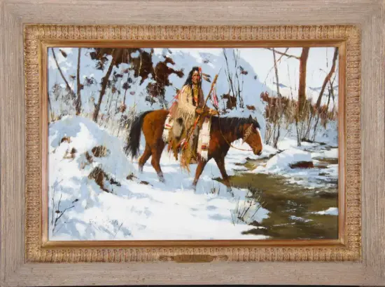 Framed painting of a Native American man on a horse trekking through a snowy forest by a stream winter scene.