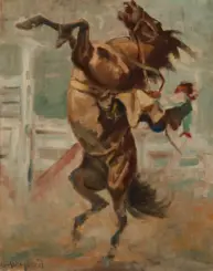Painting of a brown horse rearing on its hind legs, with a rider clinging to the saddle in a muted, impressionistic scene.