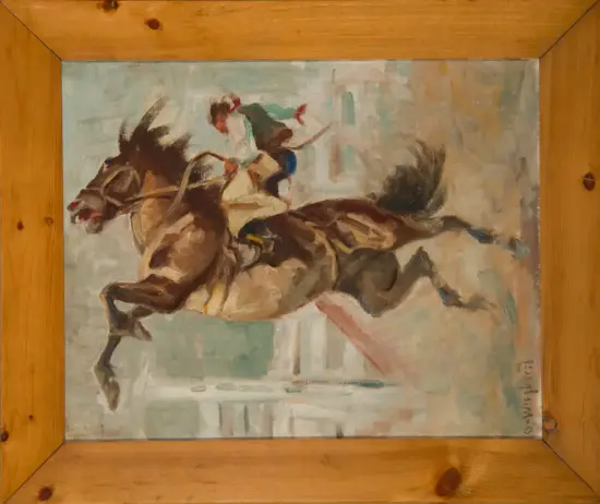 Impressionistic painting of a rider on a horse mid-jump over a hurdle, framed in a wooden border.